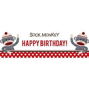 Sock Monkey Red Happy Birthday Banner