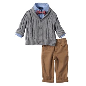 Baby Boy Baby Boyz Cable Knit Shawl Cardigan, Shirt & Pants Set with Bow Tie