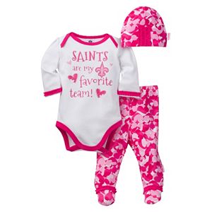 Baby Girl New Orleans Saints 3-Piece Bodysuit, Pants & Cap Set