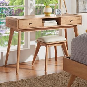 HomeVance Skagen Natural Finish 2-Drawer Vanity & Upholstered Stool 2-piece Set