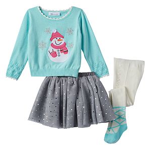 Baby Girl Bonnie Jean Scalloped Snowman Sweater, Payette Sequin Skirt & Tights Set