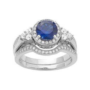 Sterling Silver Lab-Created Blue & White Sapphire Halo Engagement Ring Set