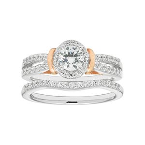 Boston Bay Diamonds Two Tone 14k Gold 3/4 Carat T.W. IGL Certified Diamond Halo Engagement Ring Set