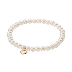 Freshwater Cultured Pearl 14k Gold Heart Charm Beaded Stretch Bracelet