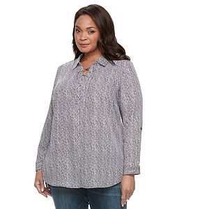 Plus Size Croft & Barrow® Printed Lace-Up Shirt