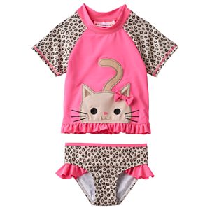 Baby Girl Wippette Cheetah Print Cat Applique Rashguard & Swimsuit Bottoms Set