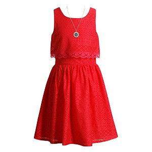 Girls 7-16 Emily West Crochet Knit Scallop Lace Popover Dress with Necklace
