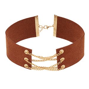 Brown Faux Suede Crisscross Chain Choker Necklace