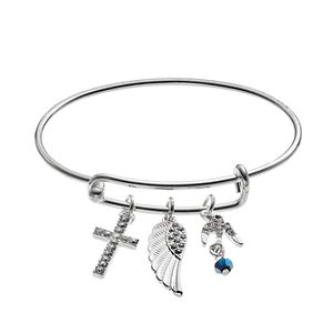 Cross, Dove & Wing Charm Bangle Bracelet