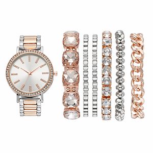 Women's Crystal Two Tone Watch & Bracelet Set