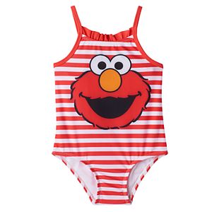 Toddler Girl Elmo Ruffle Striped One-Piece Swimsuit