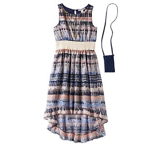 Girls 7-16 Knitworks Patterned High-Low Ruffle Hem Dress with Necklace & Crossbody Purse
