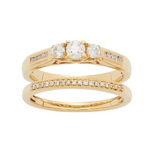 14k Gold 1/2 Carat T.W. IGL Certified Diamond 3-Stone Engagement Ring Set
