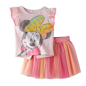 Disney's Minnie Mouse Toddler Girl Flutter Short Sleeve Confetti Graphic Tee & Sparkly Tulle Skort Set