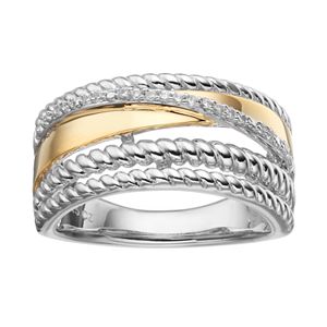 Two Tone Sterling Silver 1/10 Carat T.W. Diamond Crisscross Ring