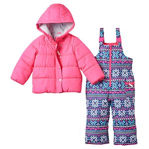 Toddler Girl Carter's Solid Puffer Jacket & Fairisle Bib Snow Pants Snowsuit Set
